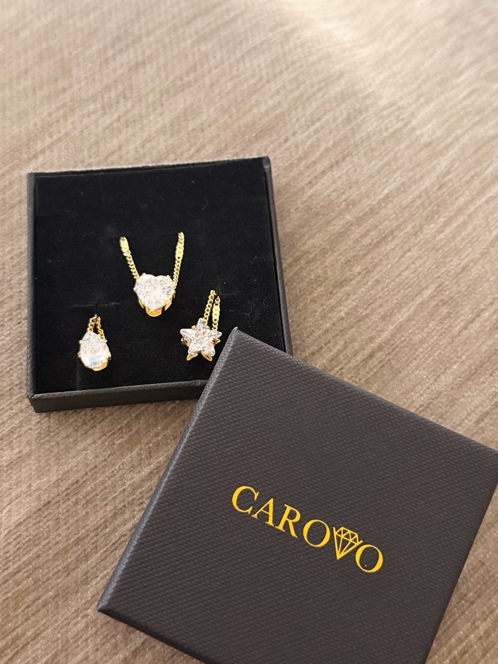 Gold Plated Heart & Star CZ three Pendant Necklace- White Crystal